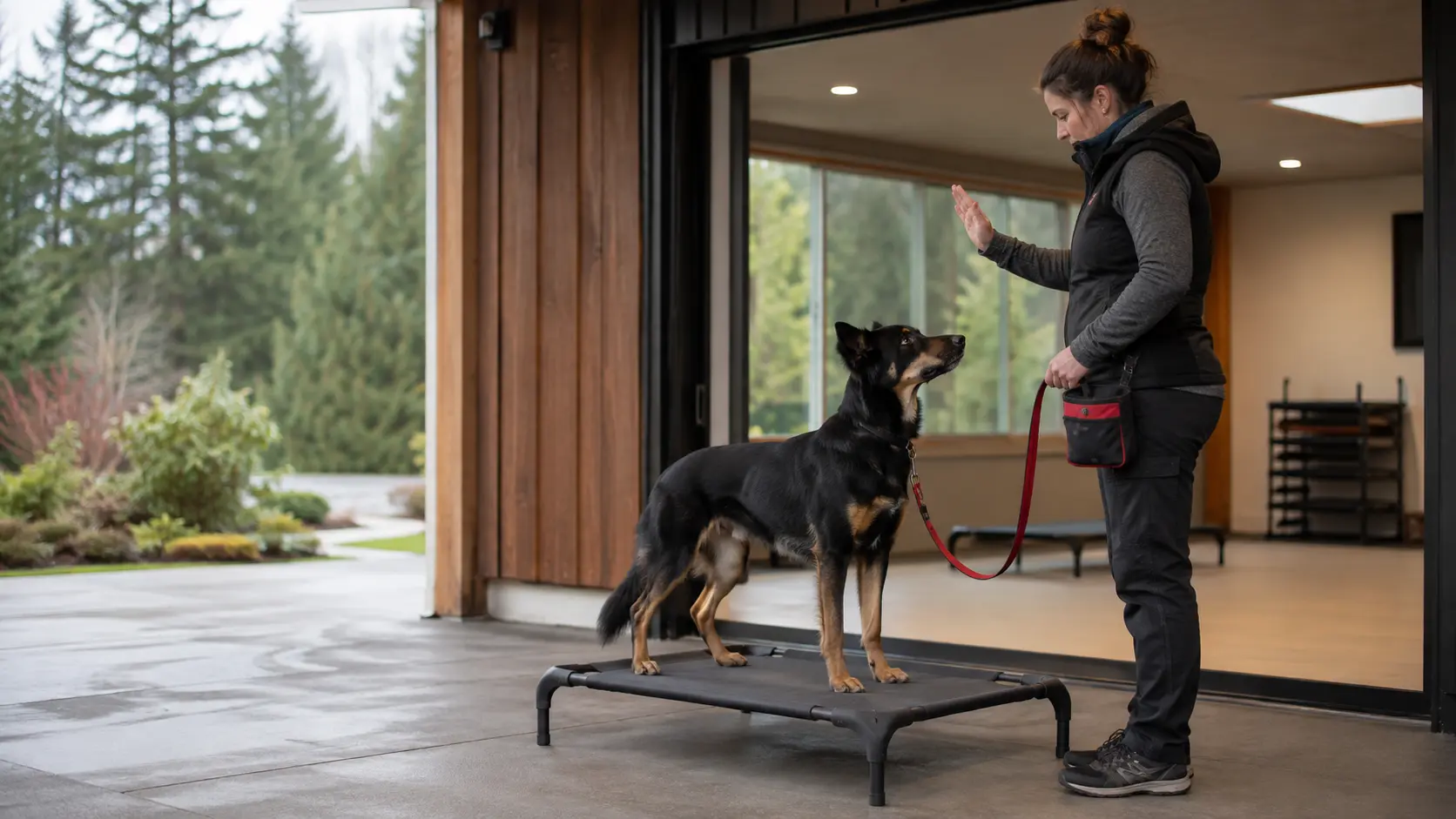 Black-and-tan shepherd mix practicing place on a raised cot with a trainer during a Board and Train program