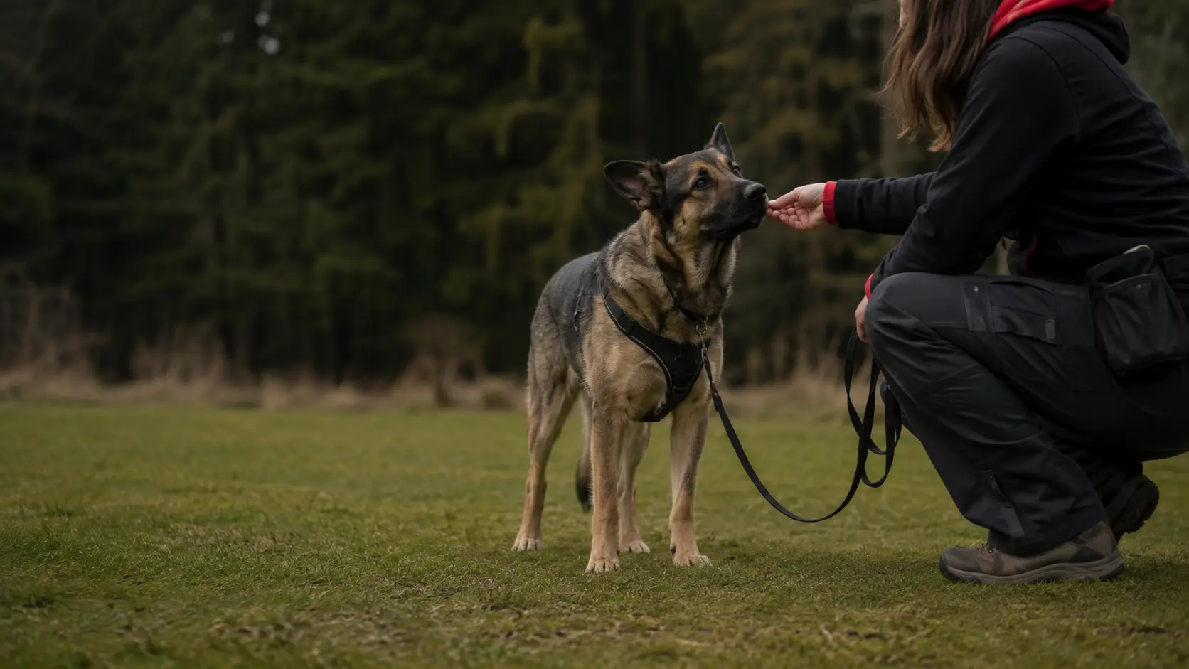 Dog calmly re-engaging with an Insight K9 trainer during behavior-modification training