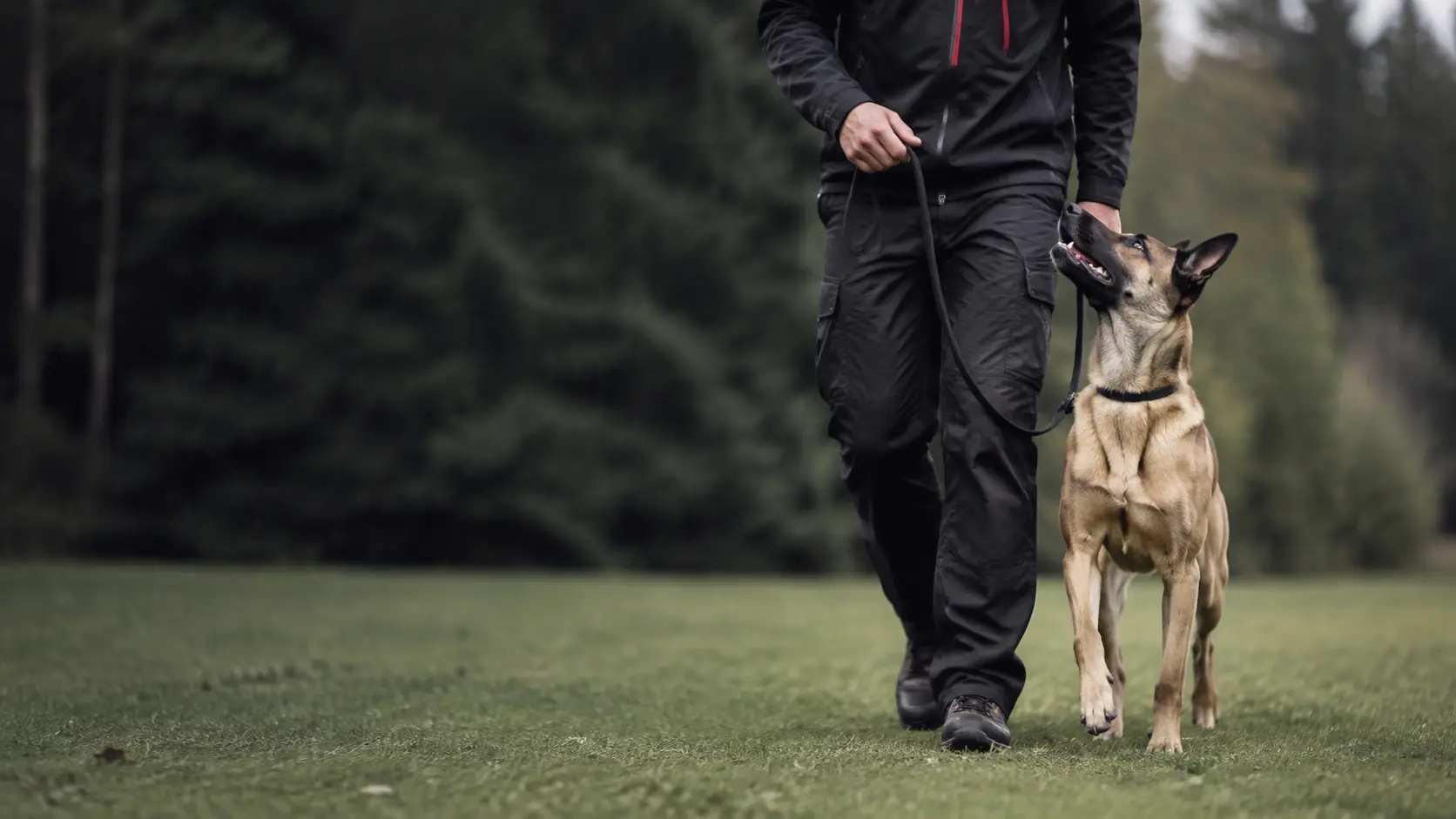 Dog practicing loose-leash obedience training with an Insight K9 handler