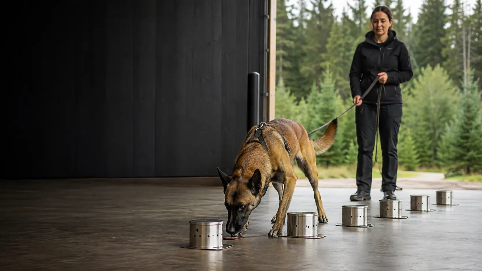 Belgian Malinois searching scent containers during private odor-detection training in Washington