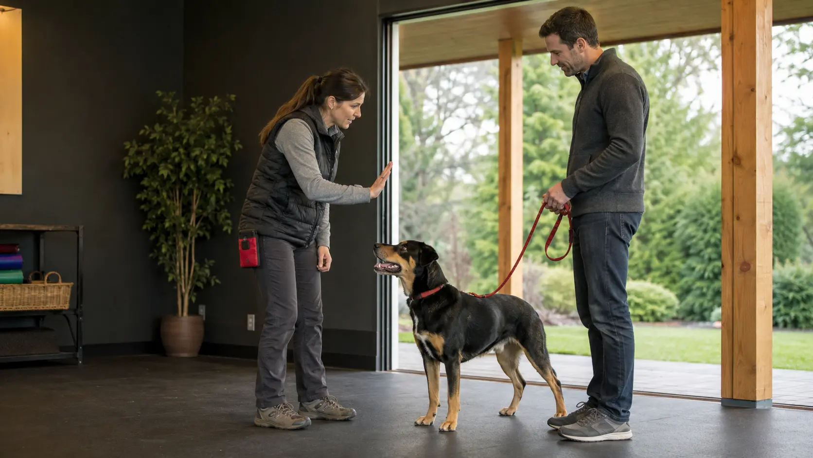 Adult dog owner practicing relaxed leash handling with guidance from a private dog trainer