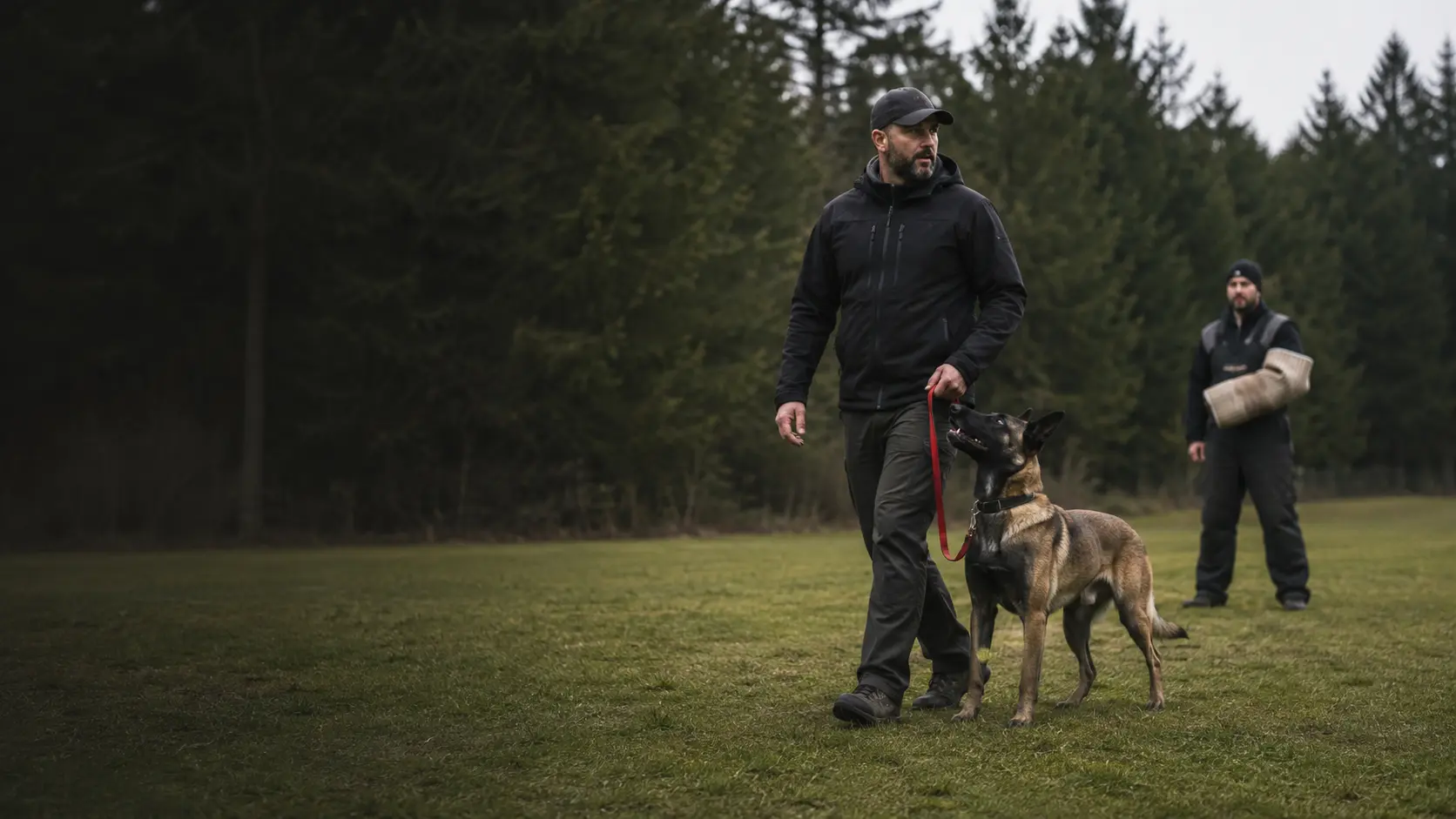 Belgian Malinois calmly heeling beside a handler during controlled protection dog training in Washington