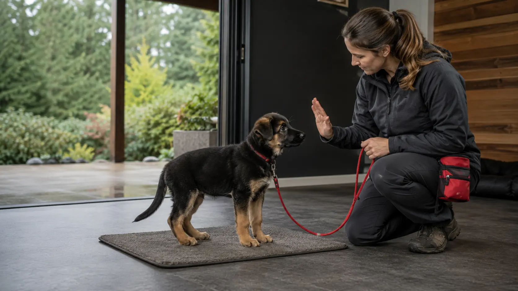 Black-and-tan puppy practicing calm engagement on a training mat with a trainer