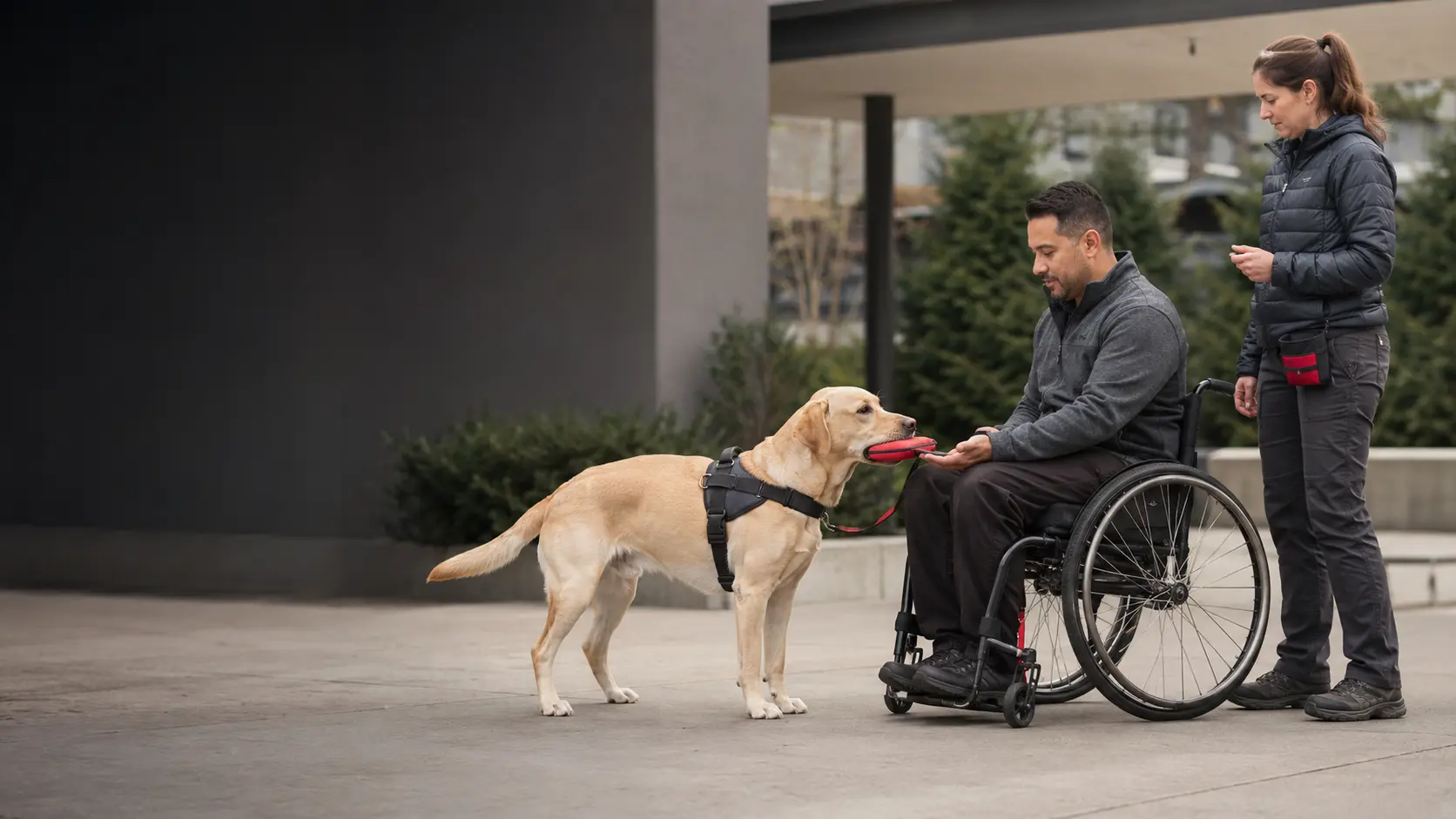 Yellow Labrador retrieving a training pouch for a wheelchair user during private service dog training in Washington