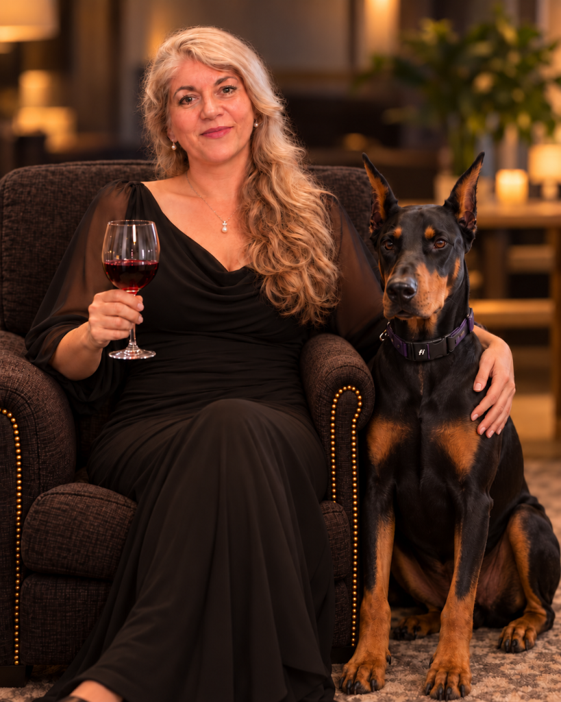 Evelyne seated in an elegant black dress beside her Doberman, Tobi.