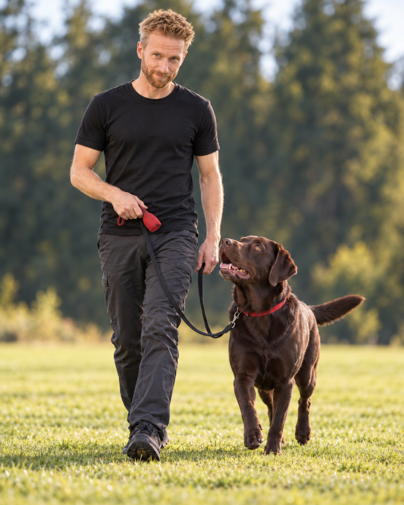 Josh Wolfe walking with Cain, his chocolate Labrador, on a grassy training field.