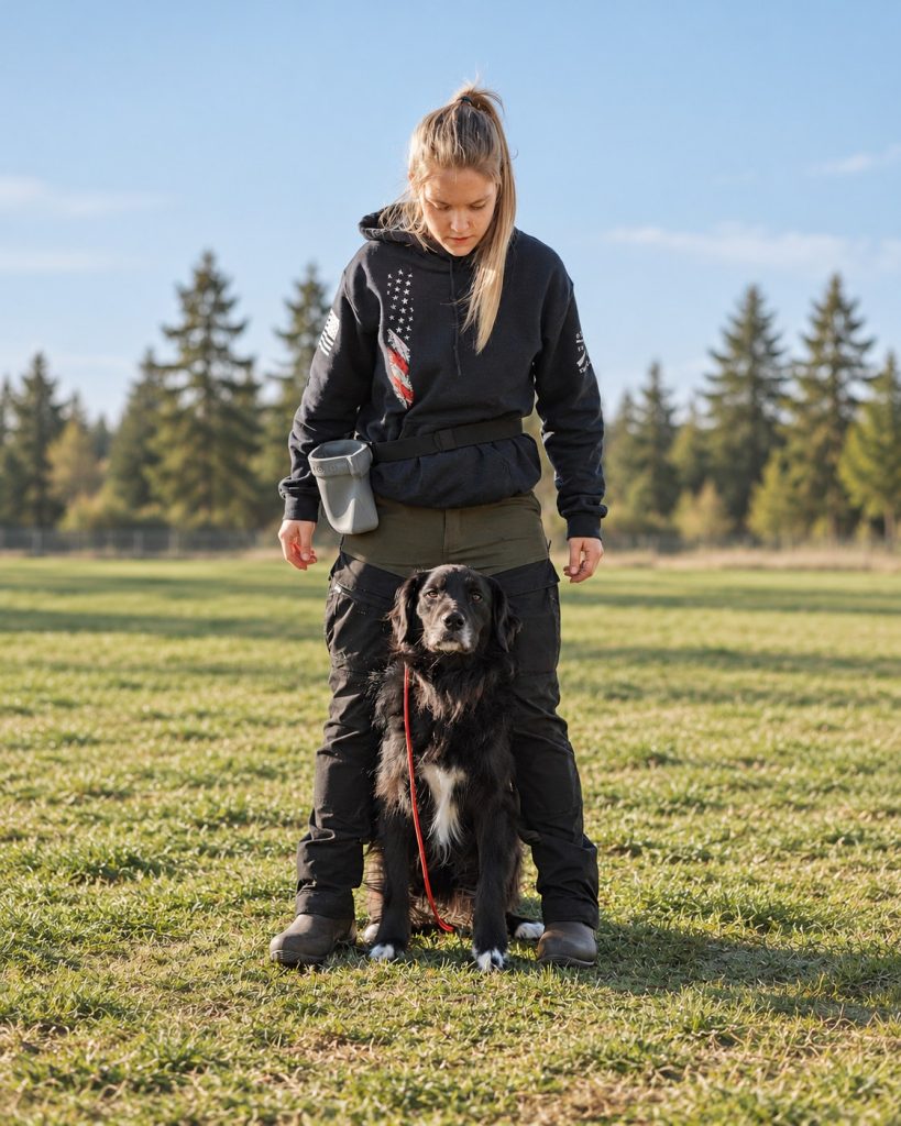 Payton standing with her seated black dog on a grassy training field.