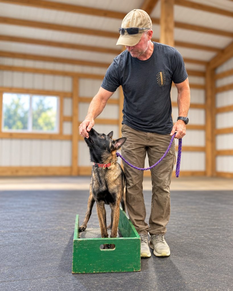 Ryan training his dog on a green platform inside a training barn.