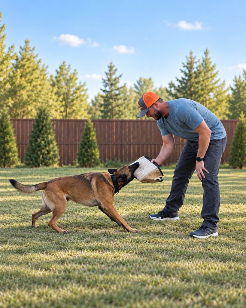Tyler working with his dog and a training sleeve on a grassy field.
